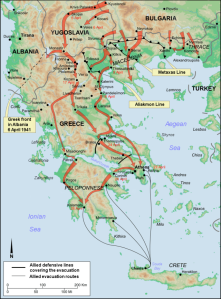 Mapa da Grécia mostrando os detalhes do avanço alemão durante a Batalha da Grécia.