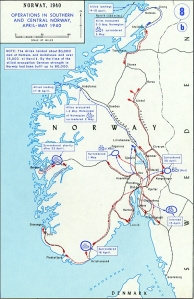 Mapa da Noruega mostrando detalhes das movimentações das tropas aliadas e alemãs nos meses de Abril e Maio de 1940.
