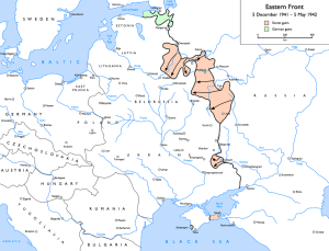 Mapa mostrando a situação da Frente Leste entre Dezembro e Maio de 1942.