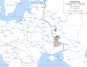 Mapa mostrando a situação da frente leste entre Fevereiro e Agosto de 1943.