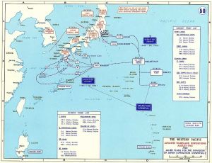 Mapa com detalhes sobre as operações de desembarque nas ilhas principais do Japão.