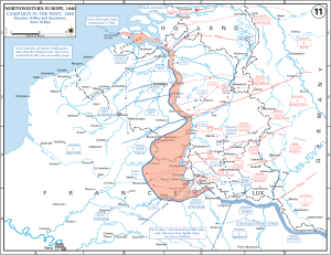 Mapa mostrando a movimentação das forças aliadas e alemãs na Batalha da França entre os dias 10 e 16 de Maio de 1940.