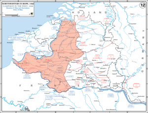 Mapa mostrando a posição das forças alemãs entre os dias 16 e 21 de Maio de 1940. Reparem, no sul, a seta indicando o contra-ataque de Charles de Gaulle.