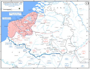 Mapa mostrando a direção do ataque alemão contra as tropas aliadas cercadas no norte da França.