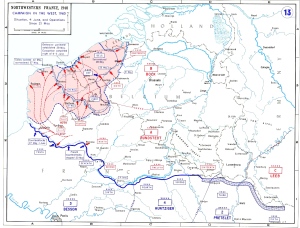 Mapa mostrando detalhes do avanço alemão na região de Dunquerque. Os movimentos das tropas podem ser vistos pelas setas vermelhas no interior da bolsa aliada.