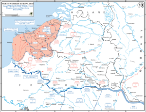 Mapa mostrando detalhes do avanço alemão no ataque à bolsa aliada no norte de França.