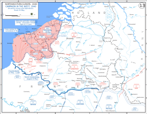 Mapa mostrando detalhes das movimentações das tropas alemãs entre os dias 21 de Maio e 4 de Junho na região de Dunquerque.