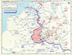 Mapa mostrando detalhes do avanço alemão até ao dia 16 de Maio de 1940. Reparem como o "golpe de foice" começa a formar-se no sul.