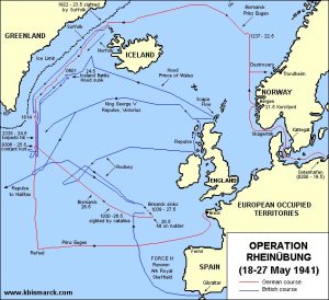 Mapa com detalhes sobre o rumo das embarcações envolvidas na caçada ao Bismarck.