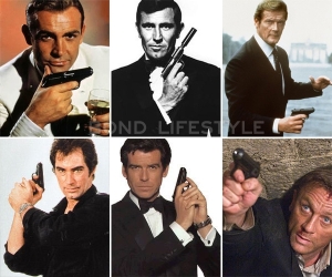 James Bond posando com a sua Walther PPK.