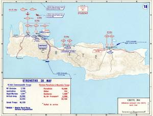 Mapa mostrando os pontos de desembarque dos paraquedistas alemães em Creta, bem como os principais movimentos de tropas durante a Batalha.