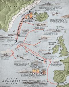 Ilustração mostrando detalhes da Batalha do Estreito da Dinamarca e dos últimos momentos do Bismarck.