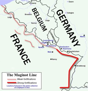 Mapa mostrando a localização das fortificações francesas ao longo da fronteira alemã e belga.