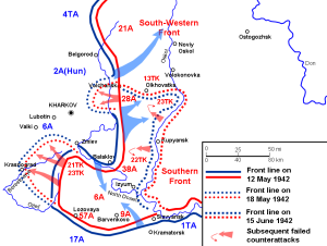 Mapa mostrando detalhes das deslocações de tropas durante a Segunda Batalha de Kharkov.