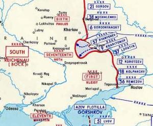 Mapa mostrando detalhes sobre a posição das forças russas e alemãs durante a Segunda Batalha de Kharkov.