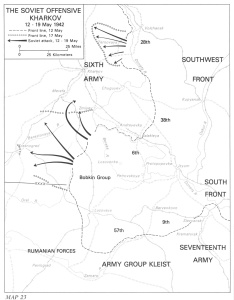 Mapa mostrando a extensão máxima da ofensiva soviética na região de Kharkov.