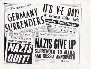 Principais manchetes dos jornais no dia 8 de Maio de 1945.