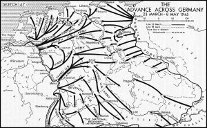 Mapa mostrando o avanço aliado no interior da Alemanha entre os dias 23 de Março e 8 de Maio de 1945.