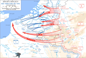 Mapa mostrando detalhes sobre as disposições dos exércitos aliados e dos exércitos alemães, bem como as suas movimentações durante a Operação Fall Gelb.